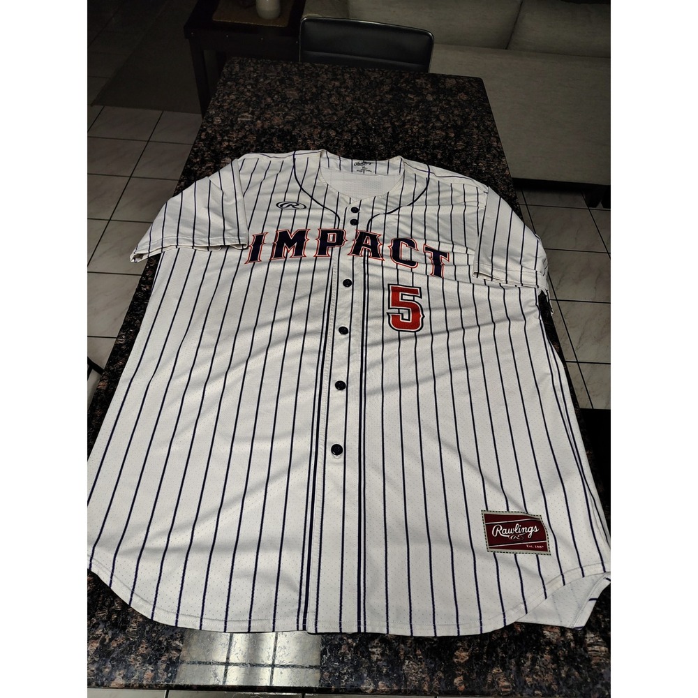 Rawlings Mens Impact Baseball Jersey White Pinstripe Number 5 Size XL Mesh